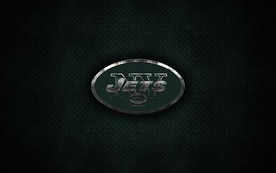 New York Jets, American football club, metal logo, New York, USA, creative art, NFL, emblem, green metal background, american football, National Football League