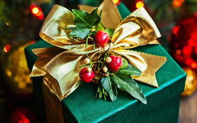 Christmas gift, green gift box, golden silk bow, New Year, Christmas