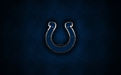 Indianapolis Colts, American football club, el logo de metal, de Indian&#225;polis, Indiana, estados UNIDOS, arte creativo, de la NFL, con el emblema de metal de color azul de fondo, f&#250;tbol americano, F&#250;tbol de la Liga Nacional