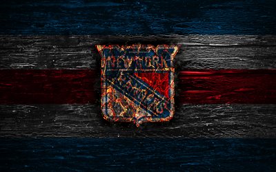 New York Rangers, fire logo, NHL, blue and red lines, american hockey team, grunge, hockey, logo, New York Rangers emblem, Eastern Conference, wooden texture, USA, NY Rangers