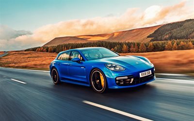 Porsche Panamera, 2018, electric coupe, new blue Panamera, sports electric car, Panamera Turbo S, E-Hybrid, Porsche