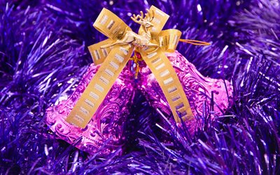 New Year, Christmas, purple bells, purple Christmas background, Happy New Year, Merry Christmas