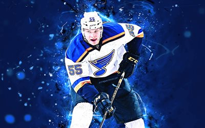 Colton Parayko, blue uniform, St Louis Blues, hockey players, NHL, hockey stars, Parayko, hockey, neon lights