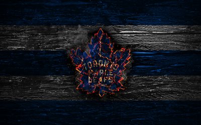 Toronto Maple Leafs, fire logo, NHL, blue and white lines, american hockey team, grunge, hockey, logo, Toronto Maple Leafs emblem, Eastern Conference, wooden texture, USA