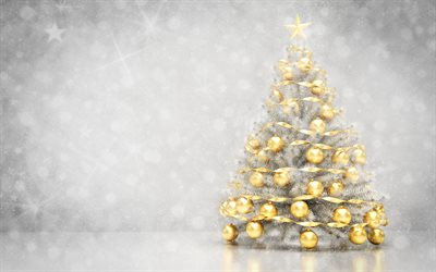 Christmas tree, golden balls, New Year, silver Christmas background, Happy Christmas, background for postcard