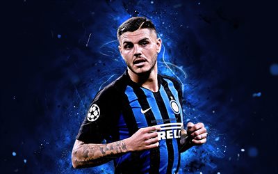 Icardi, close-up, Internazionale FC, striker, argentine footballers, Serie A, Mauro Icardi, football, soccer, Italy, neon lights, Inter Milan FC