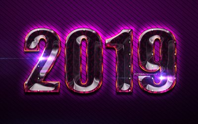 2019 purple glass digits, purple background, glass 2019 art, Happy New Year 2019, purple digits, 2019 concepts, 2019 on puprle background, 2019 year digits