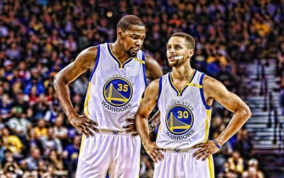 Stephen Curry, Kevin Durant, white uniform, basketball stars, NBA, Golden State Warriors, Durant and Curry, basketball, HDR, creative