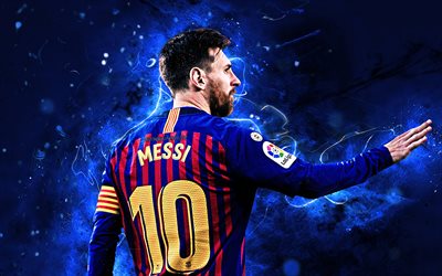 Messi, vista posteriore, Barcellona FC, FCB, argentino, i calciatori, La Liga, Lionel Messi, Barcellona, Leo Messi, il calcio, il football stelle, luci al neon, LaLiga