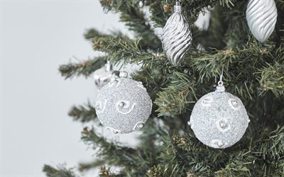 Silver Christmas balls, tree, New Year, gray background, blur, silver Christmas background, Happy New Year, Christmas