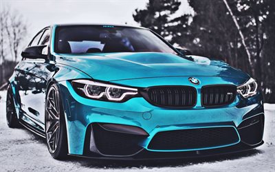 BMW M3, close-up, F80, tuning, 2018 cars, HDR, blue m3, supercars, german cars, BMW