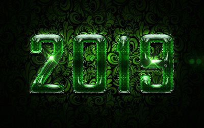 2019 green floral digits, green floral background, glass 2019 art, Happy New Year 2019, green digits, 2019 concepts, 2019 on green background, 2019 year digits