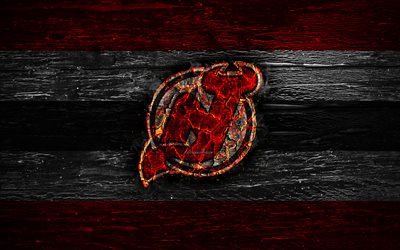 New Jersey Devils, fogo logotipo, NHL, vermelho e preto linhas, americana time de h&#243;quei, grunge, h&#243;quei, logo, New Jersey Devils emblema, Confer&#234;ncia Leste, textura de madeira, EUA
