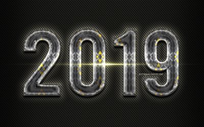 2019 gems digits, gray metal background, glass 2019 art, Happy New Year 2019, gray 2019 digits, 2019 concepts, 2019 on gray background, 2019 year digits