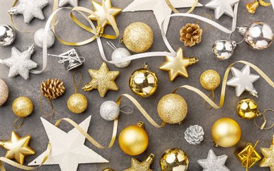 Background with golden Christmas decorations, 4k, Merry Christmas, Happy New Year, Christmas balls, Christmas background, Christmas greeting card