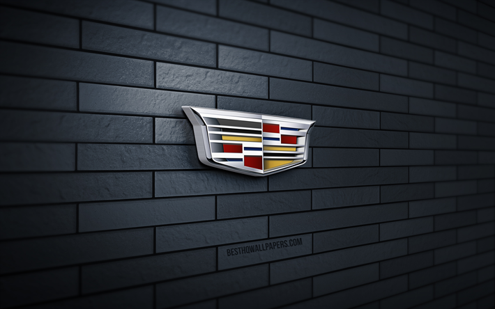 Logotipo da Cadillac 3D, 4K, parede de tijolos cinza, criativo, marcas de carros, logotipo da Cadillac, arte 3D, Cadillac