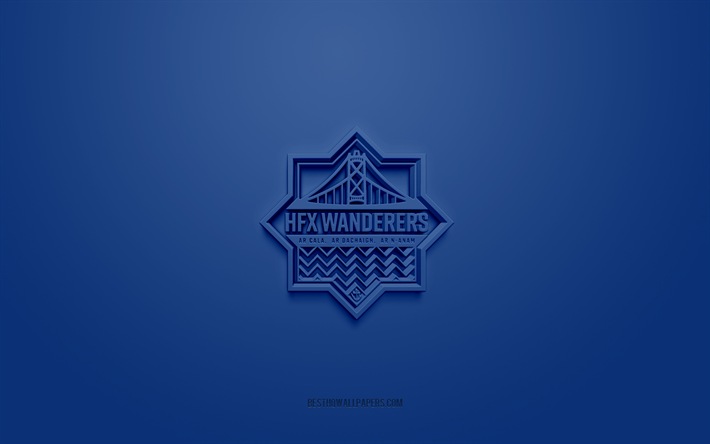 hfx wanderers fc, kreatives 3d-logo, blauer hintergrund, kanadische premier league, cpl, 3d-emblem, canadian soccer club, kanada, 3d-kunst, fußball, hfx wanderers fc 3d-logo