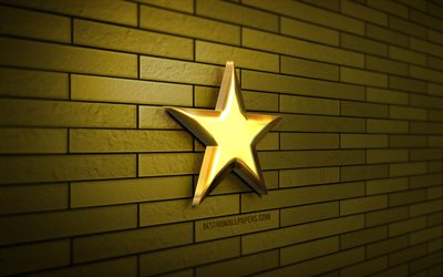 Estrela dourada 3D, 4K, parede de tijolos marrom, criativo, &#237;cone de estrela, arte 3D, estrelas, estrela dourada