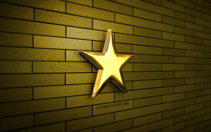 Stella d&#39;oro 3D, 4K, muro di mattoni marrone, creativo, icona a forma di stella, arte 3D, stelle, stella d&#39;oro