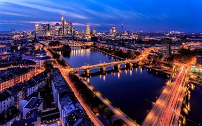 Frankfurt am Main, noite, pontes, Hesse Centro, Alemanha
