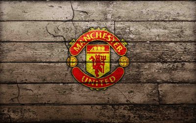 Manchester United, logo, MU, wooden background