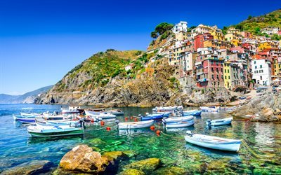 Riomaggiore, colorful houses, summer, sea, boats, coast, Italy, travel