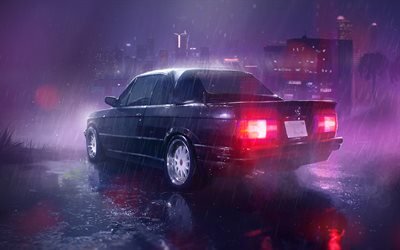 BMW M3, E30, rain, night, black M3, german cars, BMW