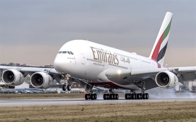 Airbus A380-800, 4k, Emirates aereo passeggeri, l&#39;Airbus A380, l&#39;aviazione civile, Airbus
