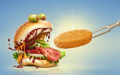 hamburger, 4k, fastfood, art, creative, cutlet