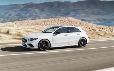 Mercedes-Benz A-Klass, 2018, side view, 4k, vita nya A-Klass, Tyska bilar, Mercedes