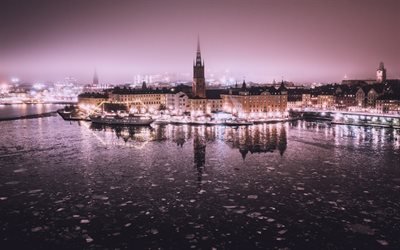 Stockholm, İsve&#231;, gece, bahar, sis, kilise, şehir ışıkları, Old Town