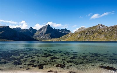 paisagem de montanha, manh&#227;, primavera, lago de montanha, Noruega, Nordland