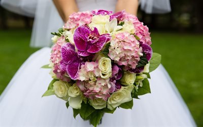 bouquet da sposa, orchidee, sposa, abito bianco, rosa, concetti di nozze, 4k