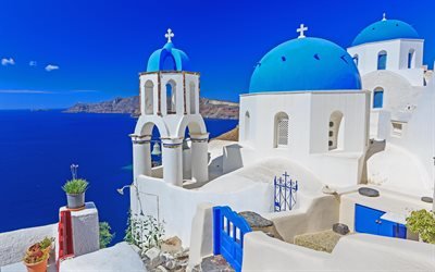 Santorini, summer, travel, Greece, Aegean Sea, white houses, 4k