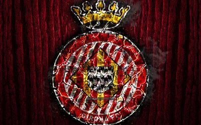Girona FC, scorched logo, LaLiga, red wooden background, spanish football club, La Liga, grunge, Girona, football, soccer, Girona logo, fire texture, Spain