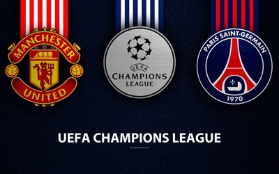 Manchester United FC vs PSG, UEFA Champions League, football match, promo, logos, football club emblems, Paris Saint-Germain, leather blue texture, champions League logo