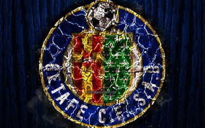 Getafe FC, scorched logo, LaLiga, blue wooden background, spanish football club, La Liga, grunge, Getafe CF, football, soccer, Getafe logo, fire texture, Spain