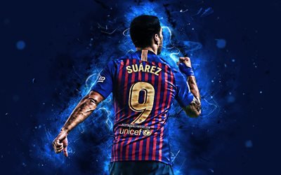 4k, Luis Suarez, back view, FCB, La Liga, Barcelona FC, uruguayan footballers, Joyful Luis Suarez, Barca, Spain, football stars, Suarez, neon lights, soccer, LaLiga