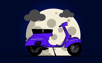 violet scooter, 4k, moon, violet background, scooter on road, minimal, creative