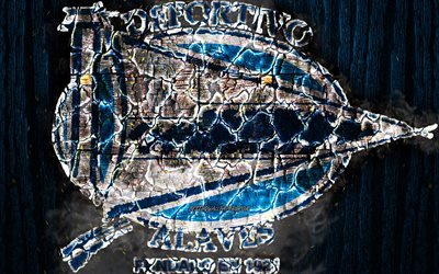 Deportivo Alaves FC, scorched logo, LaLiga, blue wooden background, spanish football club, La Liga, grunge, football, soccer, Deportivo Alaves logo, fire texture, Spain