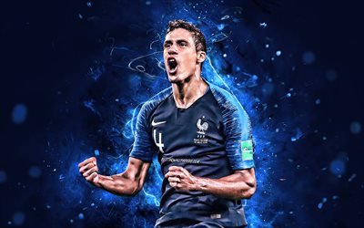 Raphael Varane, FFF, France National Team, goal, soccer, abstract art, french footballers, Varane, neon lights, French football team