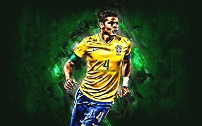 Thiago Silva, Brazil national football team, defender, joy, green stone, famous footballers, football, Brazilian footballers, grunge, Brazil