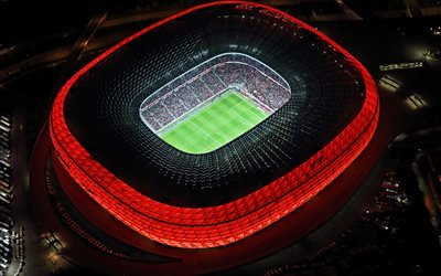 Allianz Arena, Munich, FC Bayern Munich stadium, night, red illumination, top view, German stadium, Bavaria, Germany, Bundesliga, Bayern Munich