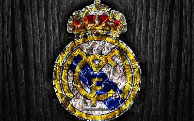 Real Madrid FC, scorched logo, LaLiga, black wooden background, spanish football club, La Liga, grunge, Real Madrid CF, football, soccer, Real Madrid logo, fire texture, Spain