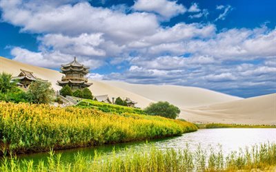 Crescent Lake, 4k, oasis, bela natureza, Yueyaquan, Sand Lake, Dunhuang, China, &#193;sia, chin&#234;s marcos
