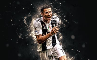 Cristiano Ronaldo, joy, portuguese footballers, Juventus FC, goal, Italy, CR7 Juve, Bianconeri, football stars, soccer, Serie A, striker, neon lights, CR7, abstract art