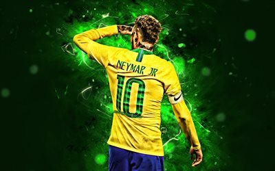 Neymar, goal, Brazil National Team, back view, green background, Neymar JR, soccer, football stars, creative, neon lights, Brazilian football team, Neymar back view