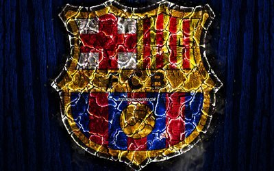 Barcelona FC, La Liga, blue wooden background, FCB, scorched logo, spanish football club, LaLiga, grunge, FC Barcelona, football, soccer, Barcelona logo, fire texture, Spain