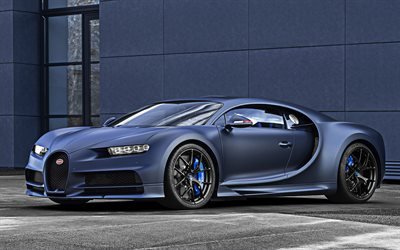 Bugatti Chiron Esporte, 2019, 110 ans Bugatti, hipercarro, azul fosco Chiron, supercarros, Bugatti, ajuste Chiron