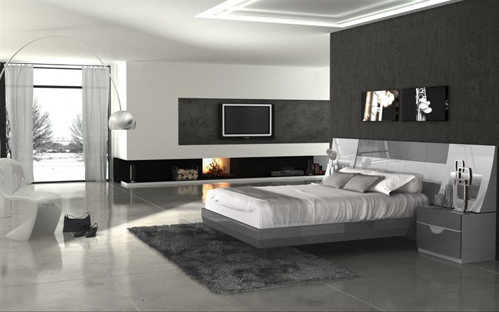 gray bedroom, loft style, modern interior design, white marble floor in the bedroom, stylish interior design